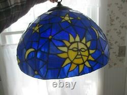 Vintage Large Stained Glass Ceiling Light Lamp Shade Stars Moon Sun Blue Yellow