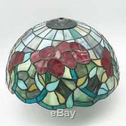 Vintage Large Tiffany Style Shade Leaded Stained Glass Floral Red Blue Green