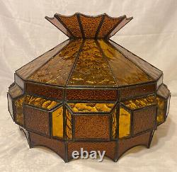 Vintage Leaded Amber Stained Glass Lamp Shade Large 13H 18.5D Root Beer Glass