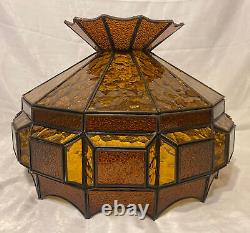 Vintage Leaded Amber Stained Glass Lamp Shade Large 13H 18.5D Root Beer Glass