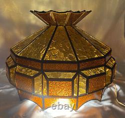 Vintage Leaded Amber Stained Glass Lamp Shade Large 13H 18.5D Root Beer Glass