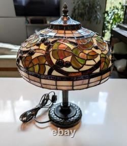 Vintage Leaded Art Glass Table Lamp Autumn Leaves Berries 17 Tall 12 Shade