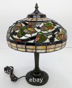 Vintage Leaded Art Glass Table Lamp Autumn Leaves Berries 17 Tall 12 Shade