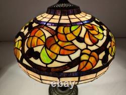 Vintage Leaded Art Glass Table Lamp Autumn Leaves Berries 17 Tall 12 Shade