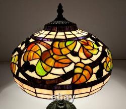 Vintage Leaded Art Glass Table Lamp Autumn Leaves Berries 17 Tall 12 Shade