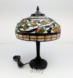 Vintage Leaded Art Glass Table Lamp Autumn Leaves Berries 17 Tall 12 Shade