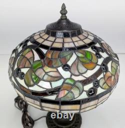 Vintage Leaded Art Glass Table Lamp Autumn Leaves Berries 17 Tall 12 Shade