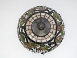 Vintage Leaded Art Glass Table Lamp Autumn Leaves Berries 17 Tall 12 Shade