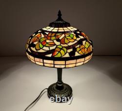 Vintage Leaded Art Glass Table Lamp Autumn Leaves Berries 17 Tall 12 Shade