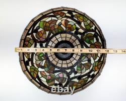 Vintage Leaded Art Glass Table Lamp Autumn Leaves Berries 17 Tall 12 Shade