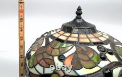 Vintage Leaded Art Glass Table Lamp Autumn Leaves Berries 17 Tall 12 Shade