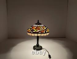 Vintage Leaded Art Glass Table Lamp Autumn Leaves Berries 17 Tall 12 Shade