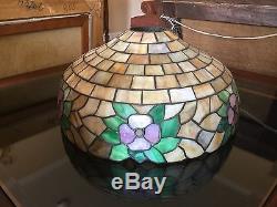 Vintage Leaded Slag Glass Lamp Shade Floral Mission Arts Crafts