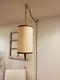Vintage Linen Drum Shade Swag Lamp With Teak Detail Hanging Light Mid Century