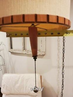Vintage Linen Drum Shade Swag Lamp with Teak Detail Hanging Light Mid Century