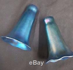 Vintage Lundberg Opalescent Fluted Blue Lily Glass Lamp Shade Globes Set of 2