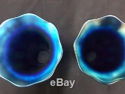 Vintage Lundberg Opalescent Fluted Blue Lily Glass Lamp Shade Globes Set of 2