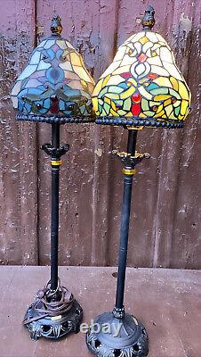 Vintage MATCHING PAIR Tiffany Style Lamp 31 Antique Roadshow Dog Owl In Shade