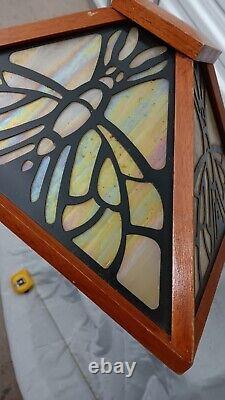 Vintage MCM 4 panel stained glass And Wood Lamp Shade Tiffany Style Dragonflies