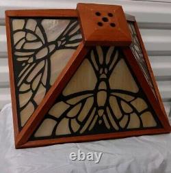 Vintage MCM 4 panel stained glass And Wood Lamp Shade Tiffany Style Dragonflies