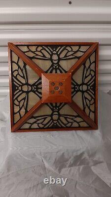 Vintage MCM 4 panel stained glass And Wood Lamp Shade Tiffany Style Dragonflies