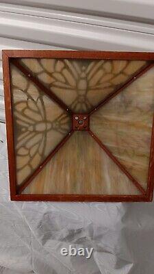 Vintage MCM 4 panel stained glass And Wood Lamp Shade Tiffany Style Dragonflies