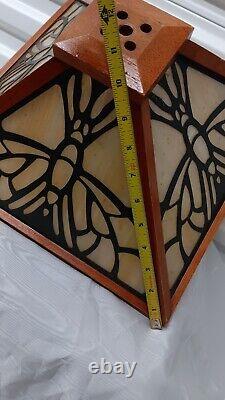 Vintage MCM 4 panel stained glass And Wood Lamp Shade Tiffany Style Dragonflies