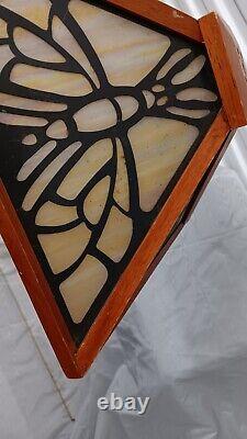 Vintage MCM 4 panel stained glass And Wood Lamp Shade Tiffany Style Dragonflies