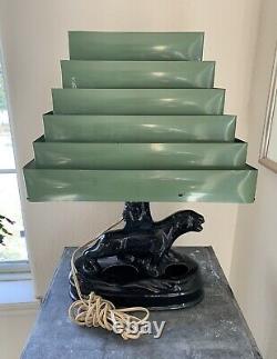 Vintage MCM Black Panther Ceramic Table Lamp with Metal Pyramid Venetian Shade