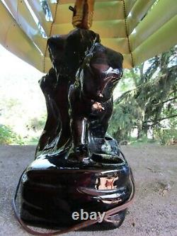 Vintage MCM Black Panther Ceramic Table Lamp with Metal Pyramid Venetian Shade