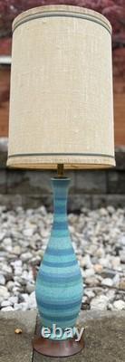 Vintage MCM Blue Striped Ceramic Lamp & Shade Mid Century Modern Lighting 1960s
