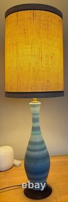 Vintage MCM Blue Striped Ceramic Lamp & Shade Mid Century Modern Lighting 1960s