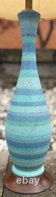 Vintage MCM Blue Striped Ceramic Lamp & Shade Mid Century Modern Lighting 1960s