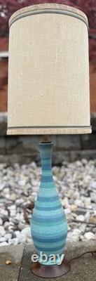 Vintage MCM Blue Striped Ceramic Lamp & Shade Mid Century Modern Lighting 1960s