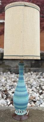 Vintage MCM Blue Striped Ceramic Lamp & Shade Mid Century Modern Lighting 1960s