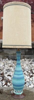 Vintage MCM Blue Striped Ceramic Lamp & Shade Mid Century Modern Lighting 1960s