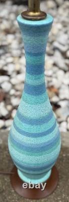 Vintage MCM Blue Striped Ceramic Lamp & Shade Mid Century Modern Lighting 1960s