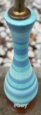 Vintage MCM Blue Striped Ceramic Lamp & Shade Mid Century Modern Lighting 1960s
