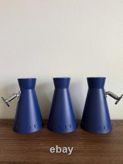 Vintage MCM Cobalt Blue Perforated Metal Cone Lamp Shades with Original Mounts