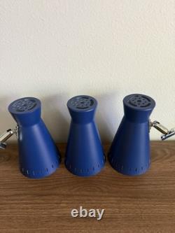 Vintage MCM Cobalt Blue Perforated Metal Cone Lamp Shades with Original Mounts