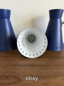 Vintage MCM Cobalt Blue Perforated Metal Cone Lamp Shades with Original Mounts