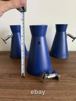 Vintage MCM Cobalt Blue Perforated Metal Cone Lamp Shades with Original Mounts