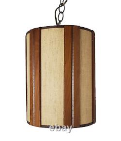 Vintage MCM Danish Modern Pendant Hanging Fabric & Teak Lamp Shade