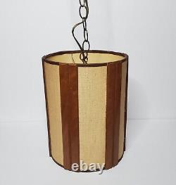 Vintage MCM Danish Modern Pendant Hanging Fabric & Teak Lamp Shade