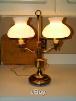 Vintage MCM Double Student Lamp Milk Glass Shades 2 Arm Brass Finish Light