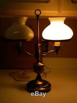 Vintage MCM Double Student Lamp Milk Glass Shades 2 Arm Brass Finish Light