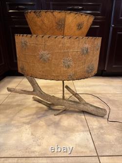 Vintage MCM Double Tier Fiberglass Shade Tree Branch Lamp Stitched Works