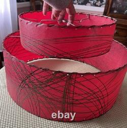 Vintage MCM Fiberglass 2-Tier Whip Stitch Lamp Shade Red With Black Gold