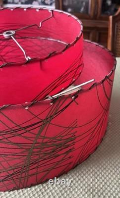 Vintage MCM Fiberglass 2-Tier Whip Stitch Lamp Shade Red With Black Gold