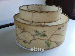 Vintage MCM Fiberglass 2 Tier Whip Stitch Lamp Shade With Bird Butterfly Branch